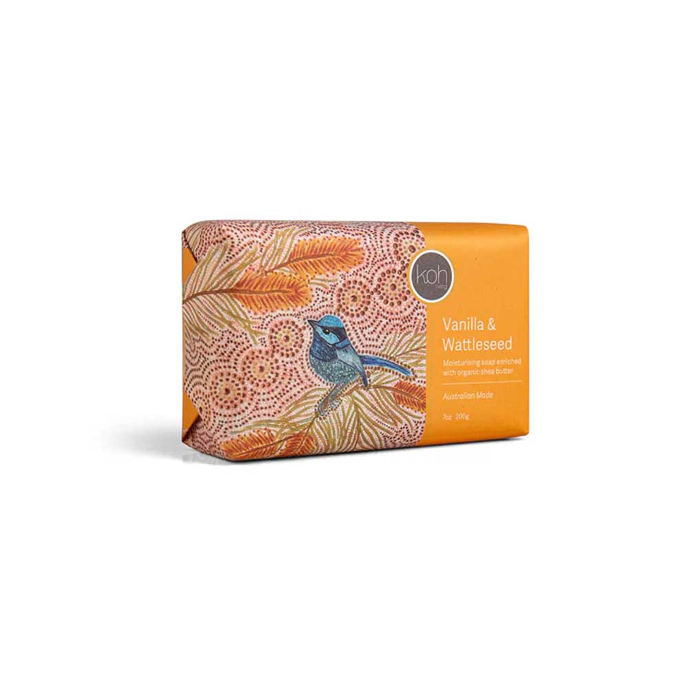 Vanilla and wattleseed fragrance shea butter soap featuring artwork by Domica Hill on white background