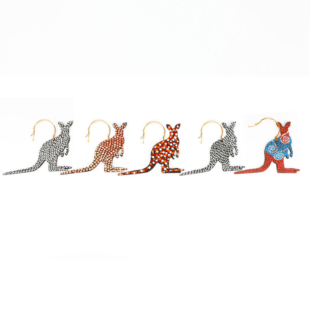 Handpainted Kangaroo ornaments. Acrylic paint on balsa wood on white background