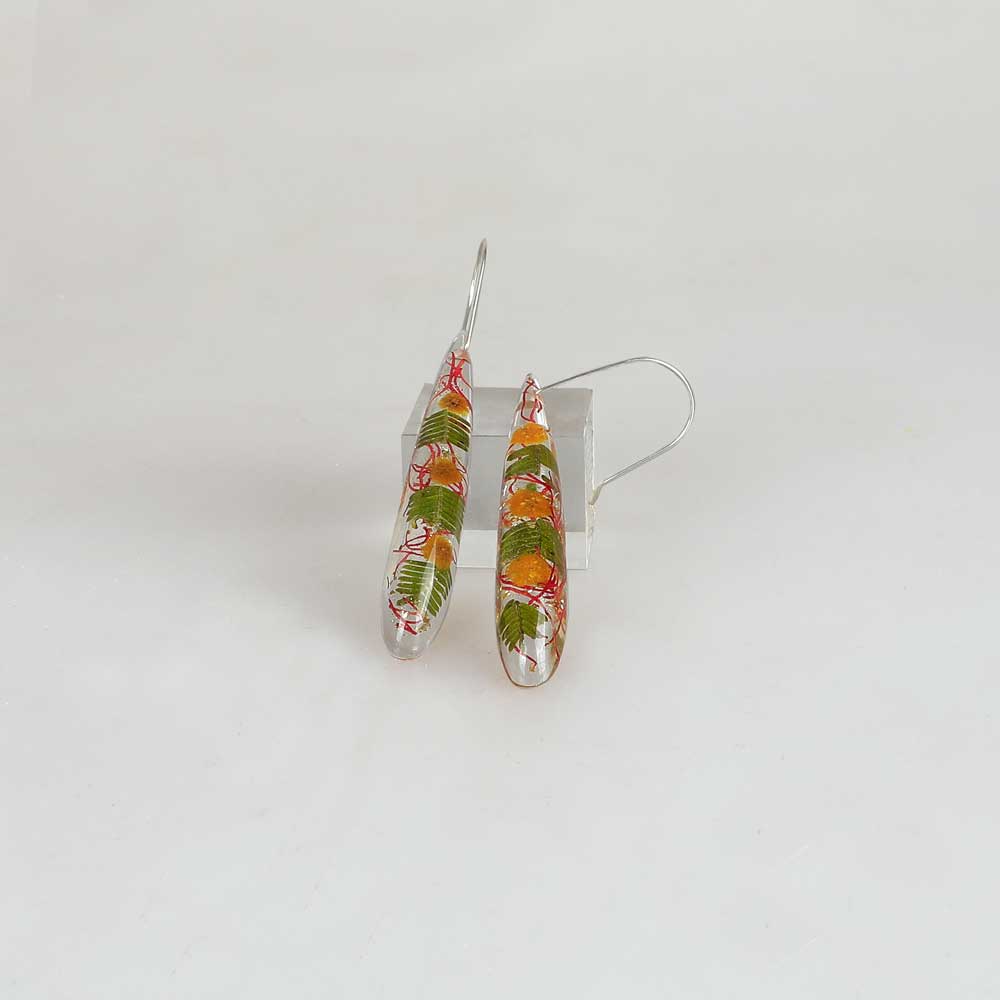 Wattle and gumnut teardrop dangle earrings Little Hurricane. on white background for Australian Museum Shop online