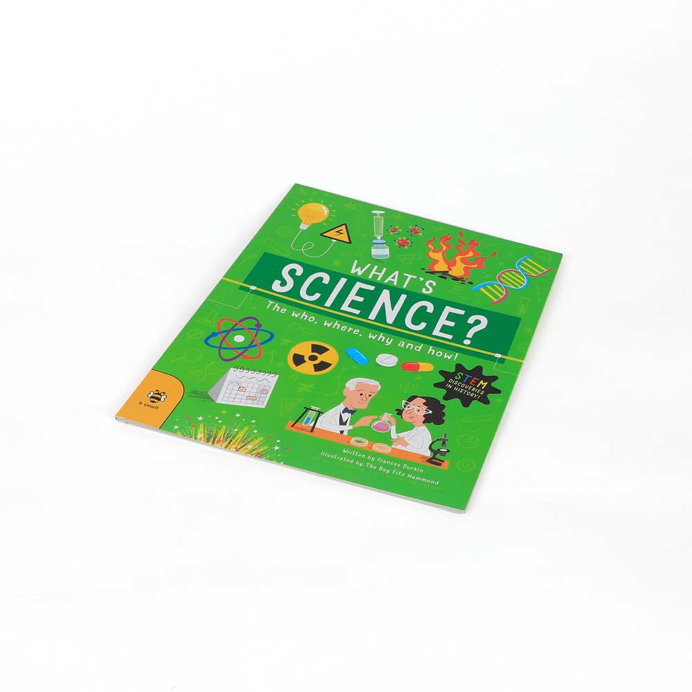 Whats science the who where why and how. STEM discoveries in history book photographed on white background