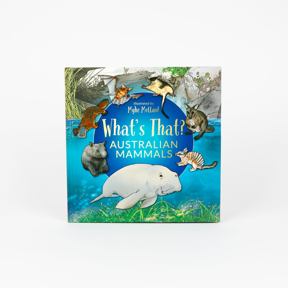 Book cover of 'What's That? Australian Mammals' with illustrations of various Australian mammals on a blue background.
