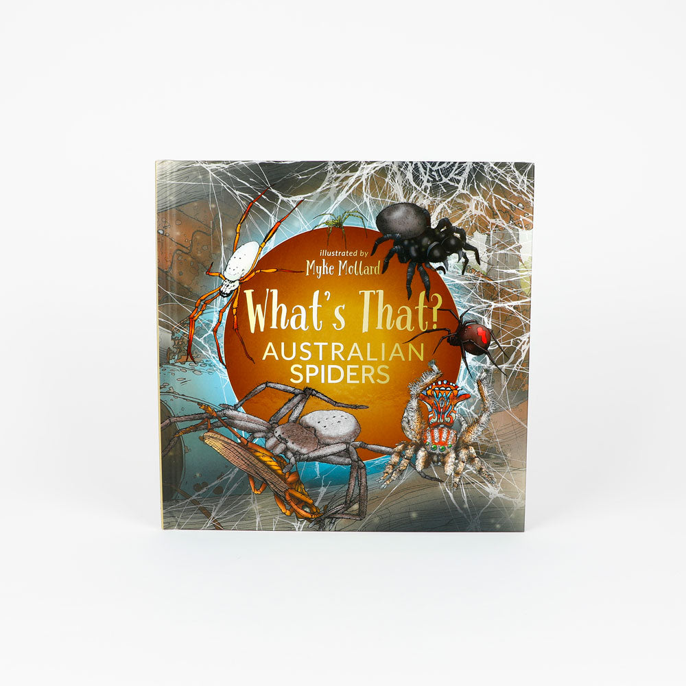 Book cover of 'What's That? Australian Spiders' with illustrations of spiders on a white background
