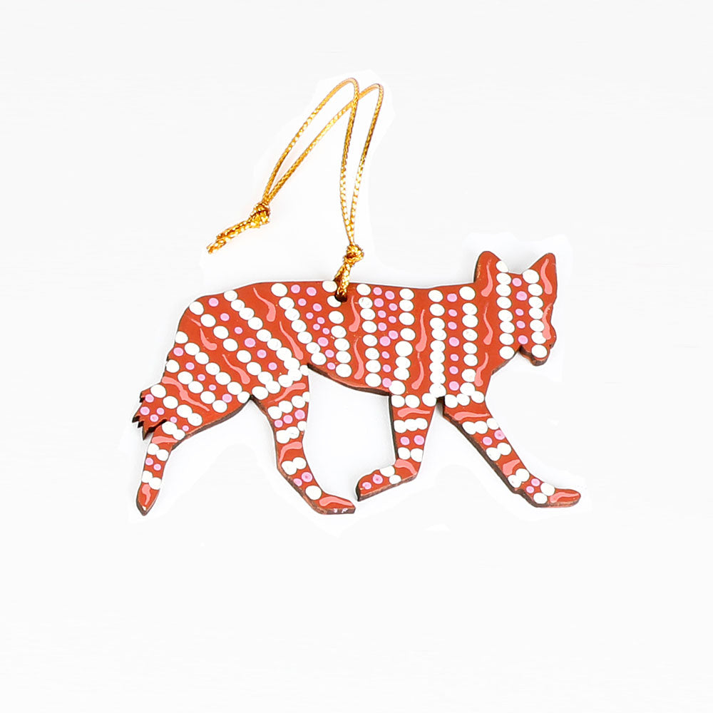 Handpainted desert dog ornaments from Warlukurlangu artists cooperative on white background