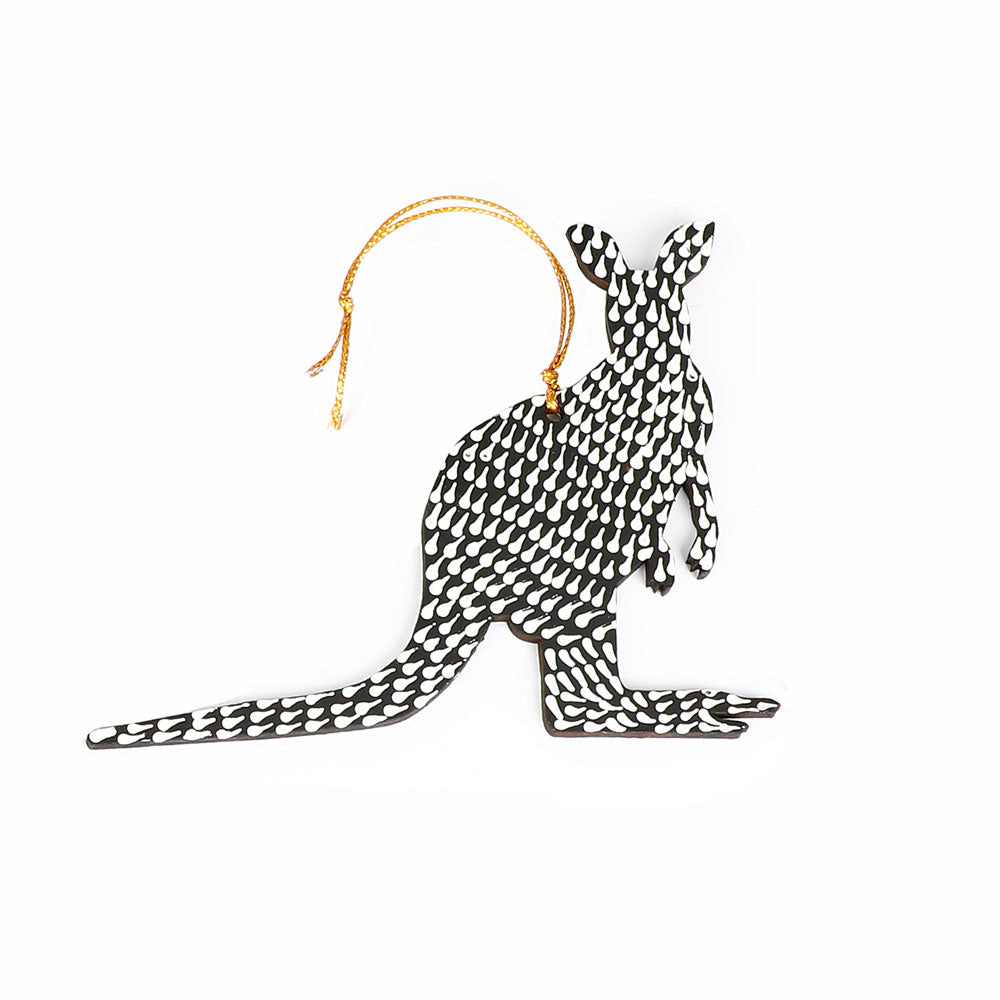 Handpainted Kangaroo ornaments. Acrylic paint on balsa wood on white background