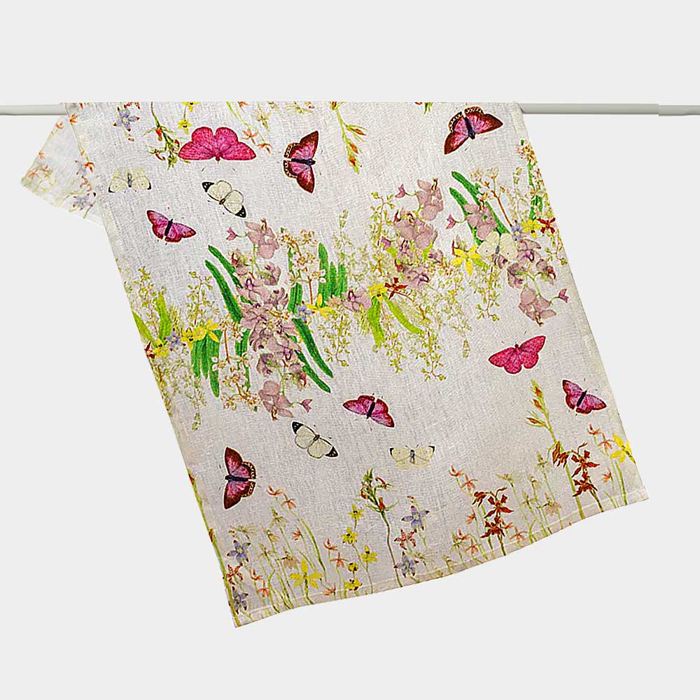 Wild orchid blush Koh linen teatowel on white background