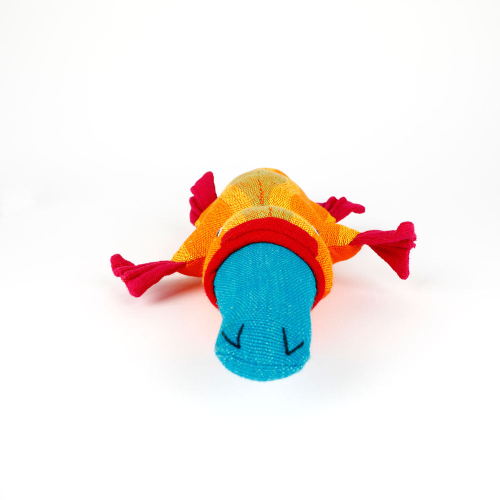 Colorful yellow striped platypus hand made from handwoven fabric by Barefoot Toys on a white background