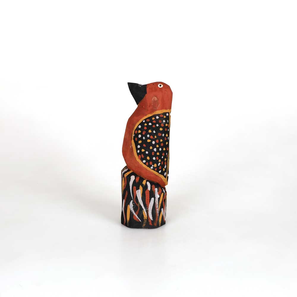 Albertus Tipiloura Red Kookaburra carved ironwood sculpture on white background for Australian Museum Shop online