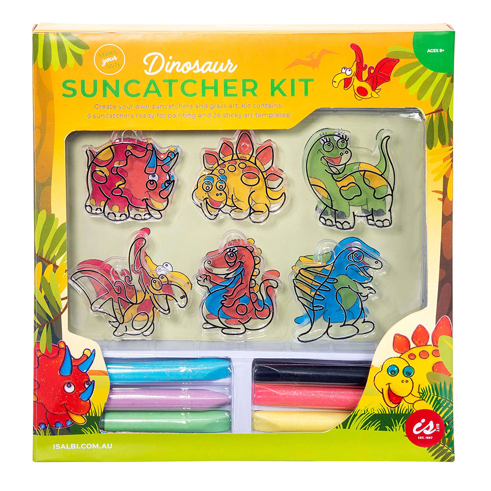 Paint your own dinosaur sun catcher art kit. Photographed against white background