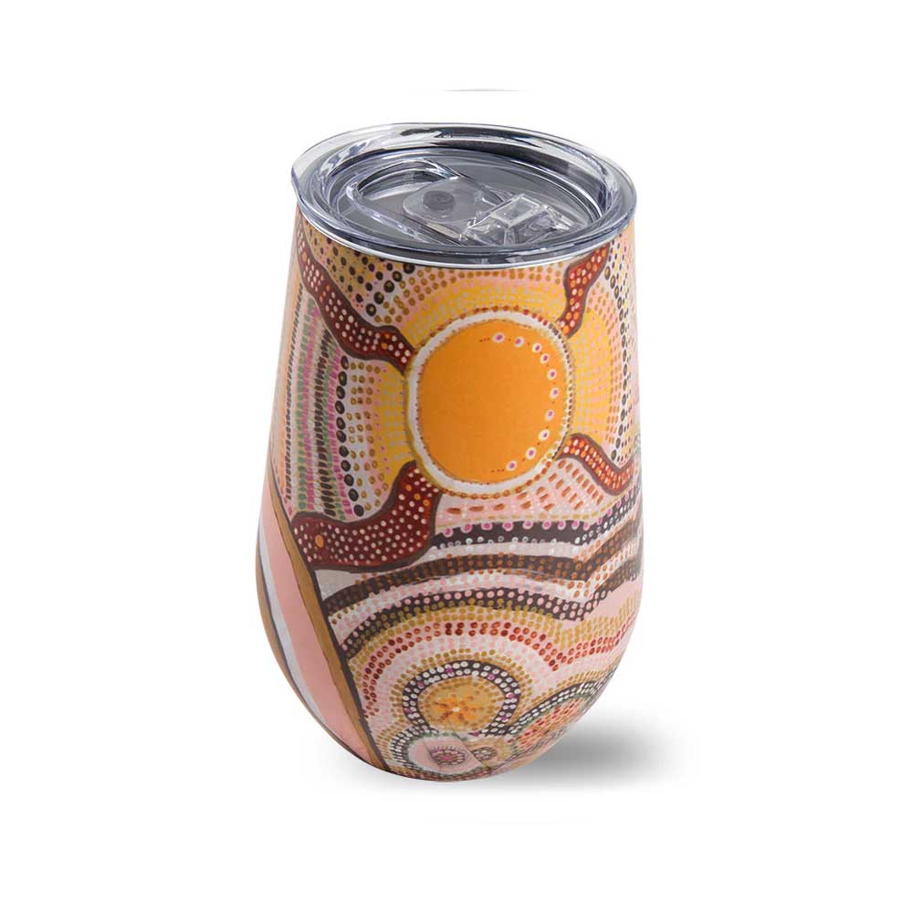 Journeys in the sun stainless insulated travel mug on white background for Australian Museum Shop online