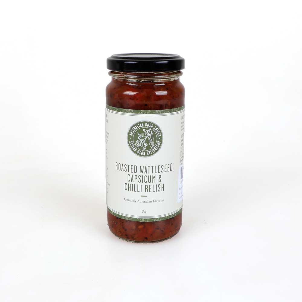 Roasted wattleseed capsicum and chilli relish, Australian Bush spices, photographed on white for Australian Museum Shop online