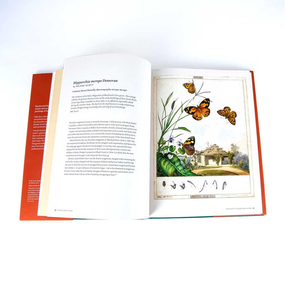 Transformations: the story of Harriet and Helena Scott, colonial Sydney's finest natural history painters, hardcover book on white background. Flatlay photographed