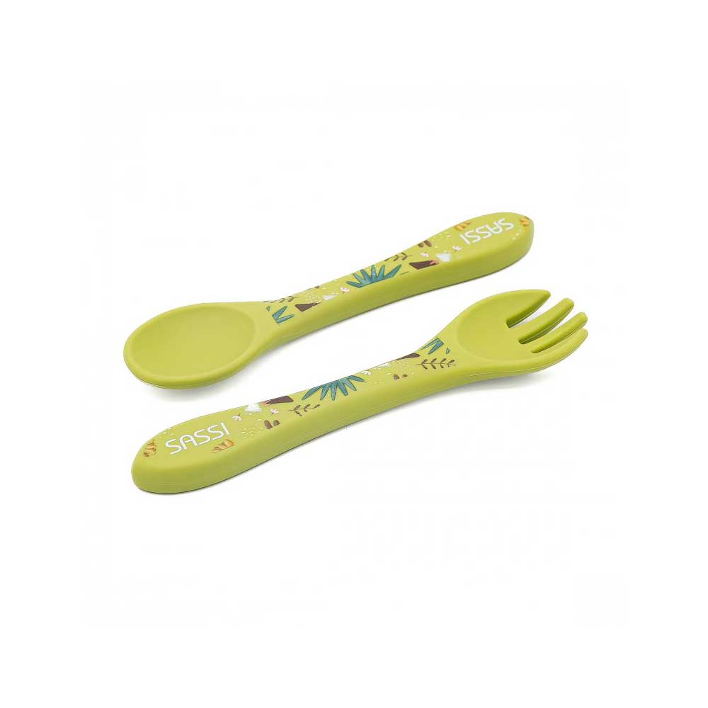 Silicone Spoon and Fork - Cracky The Dinosaur on white background