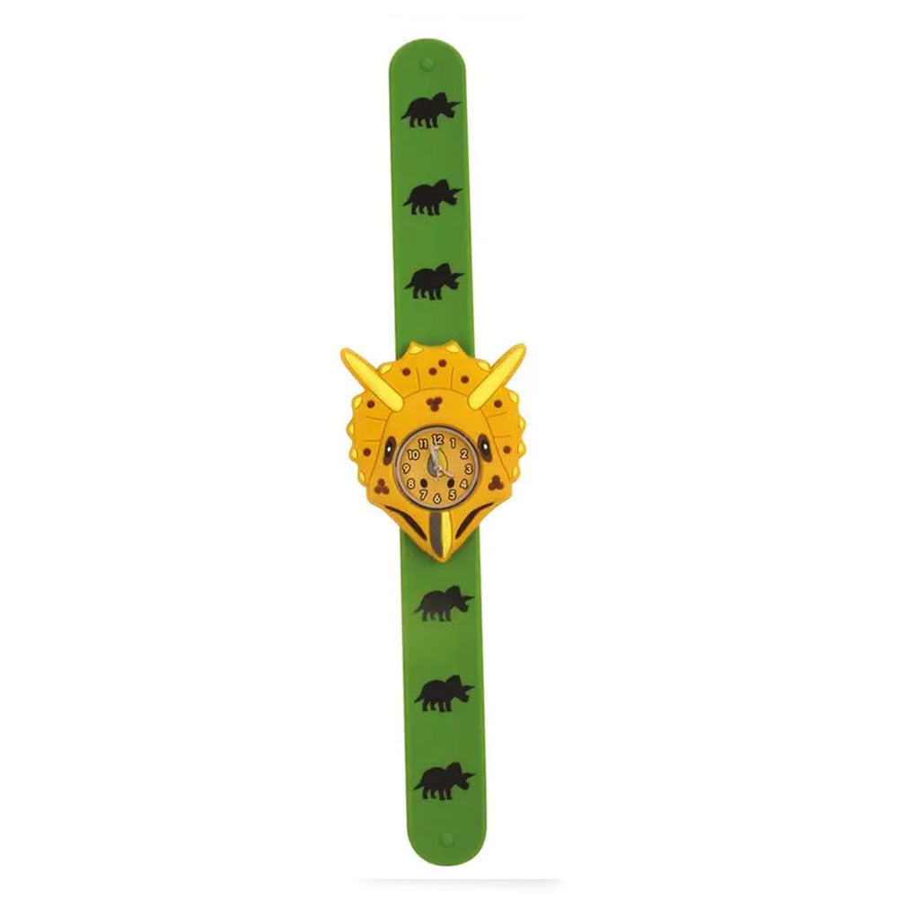 Triceratops face children's wristwatch with analog watch face and snap-on band.