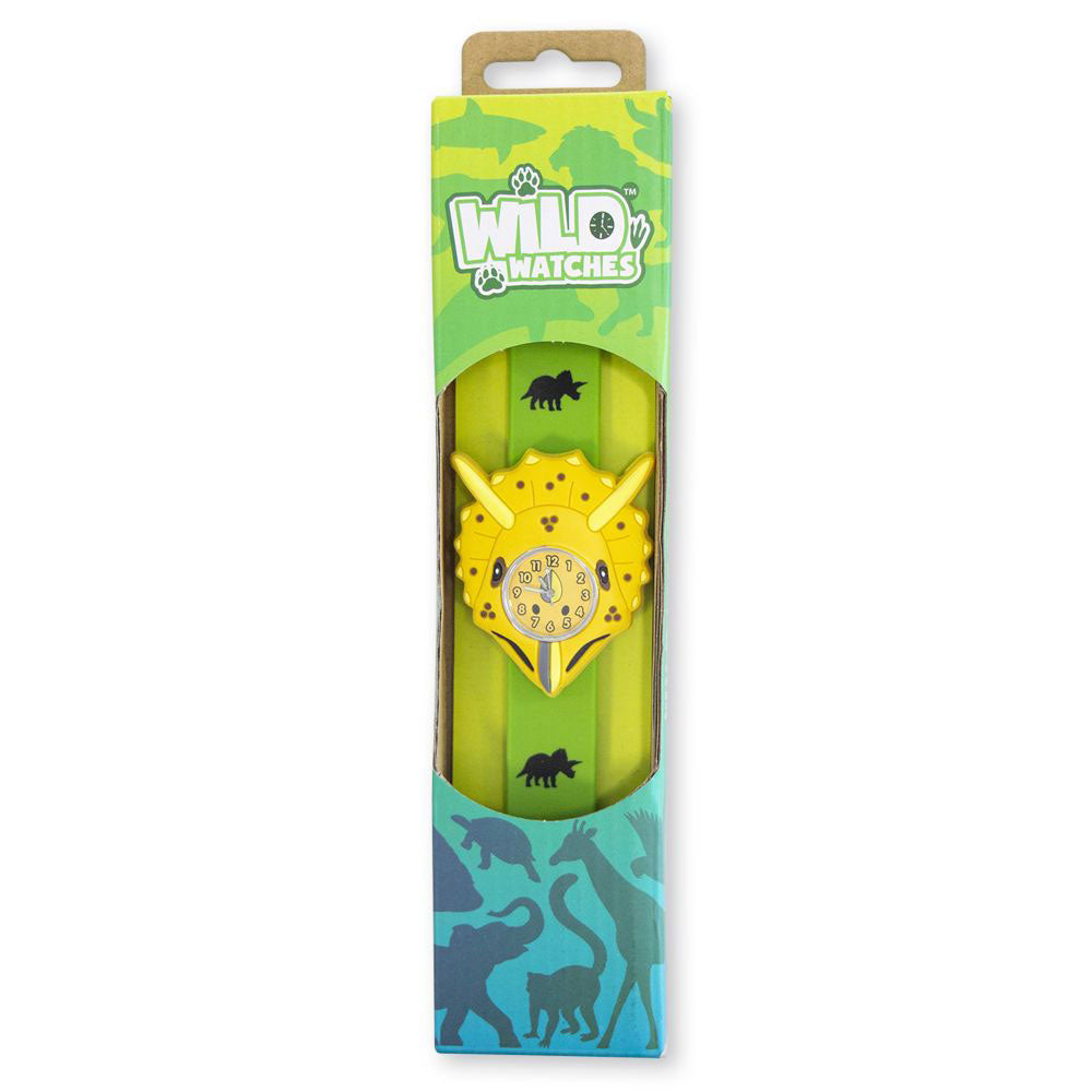 Triceratops face children's wristwatch with analog watch face and snap-on band.