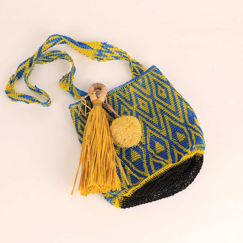 Handwoven Bilum bag  on woven background