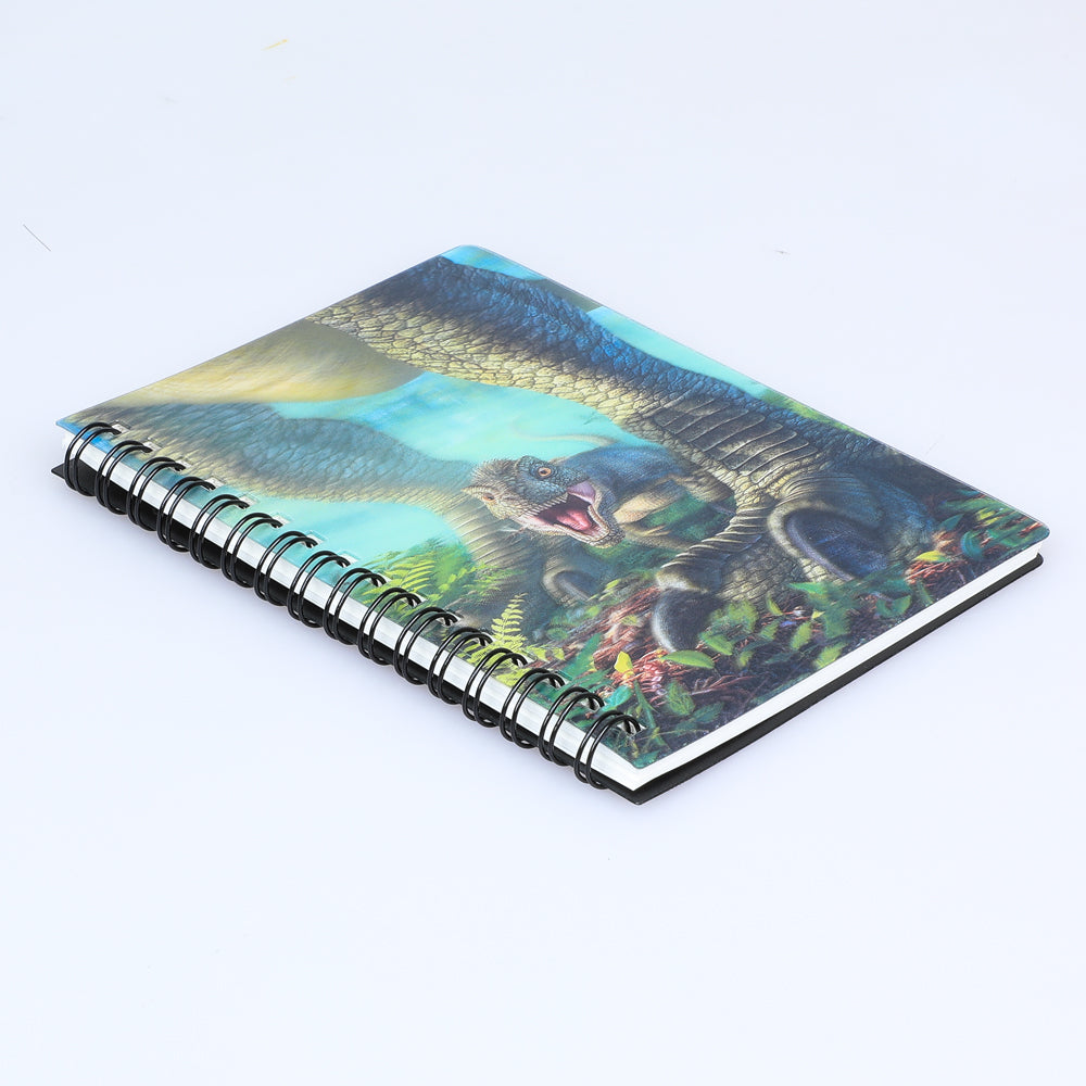 Unlined notebook with lenticular cover. Wee T-Rex learning to roar between their parent's legs. Australian Museum Shop Online