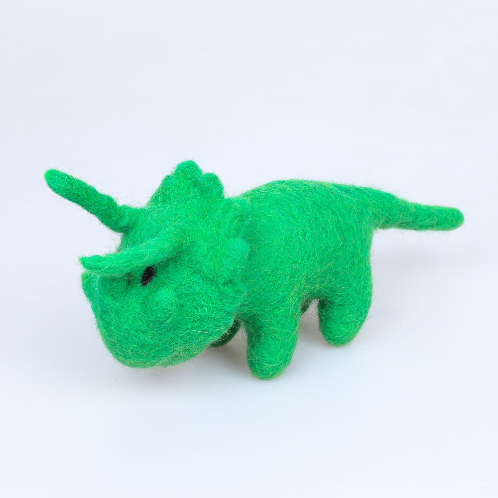 Grass green small felt triceratops toy photographed against white background. australian Museum shop online