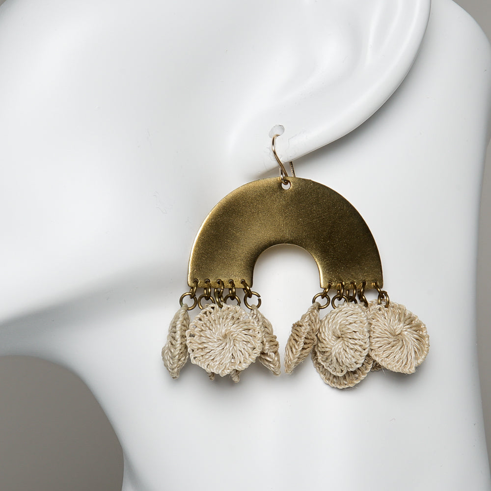 Raw brass arch earrings, with ten dangling handwoven bilum beads,  gold filled ear hooks
