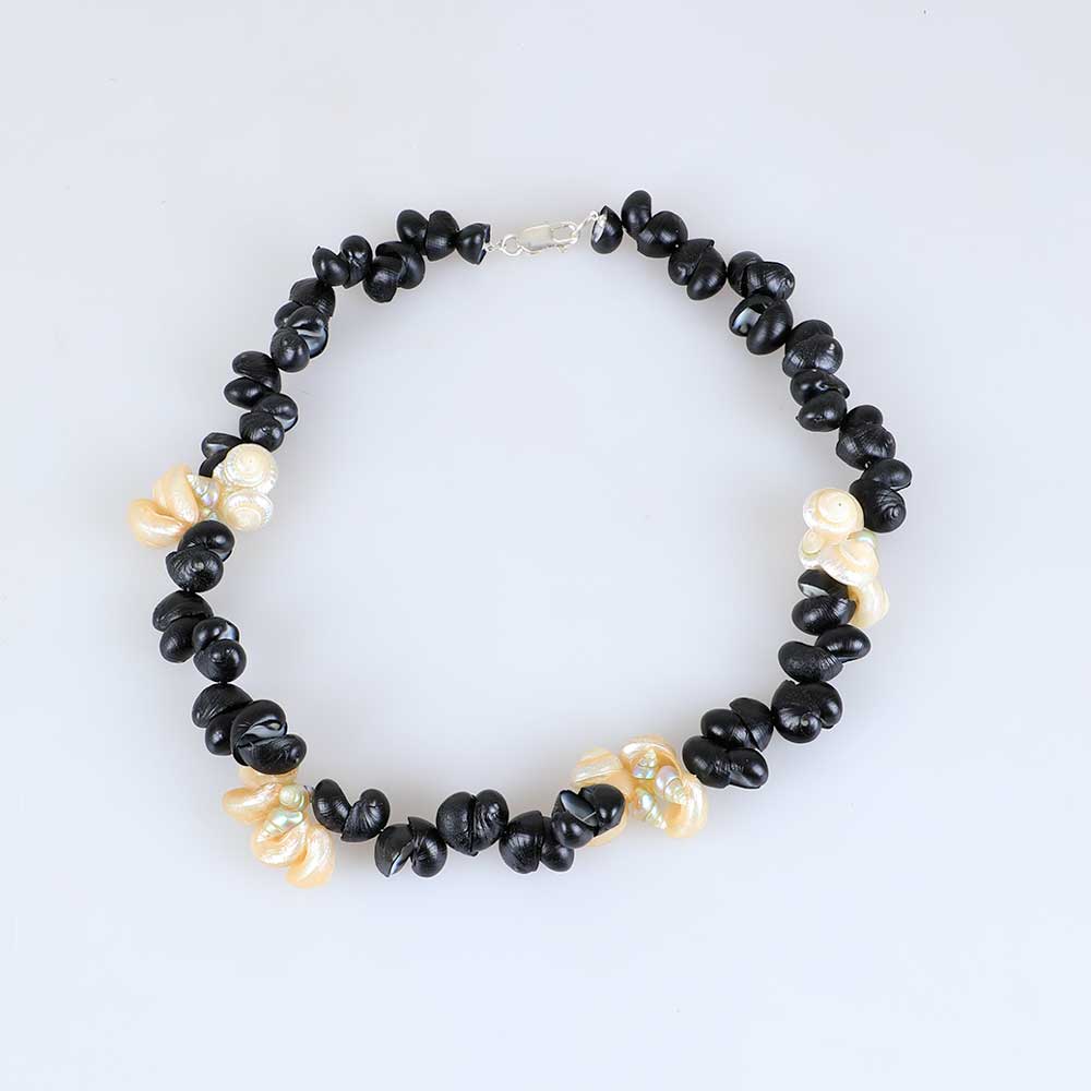 Black crow shell, kelp shell and maireener shell necklace by Jeanette James, Australian Museum shop online