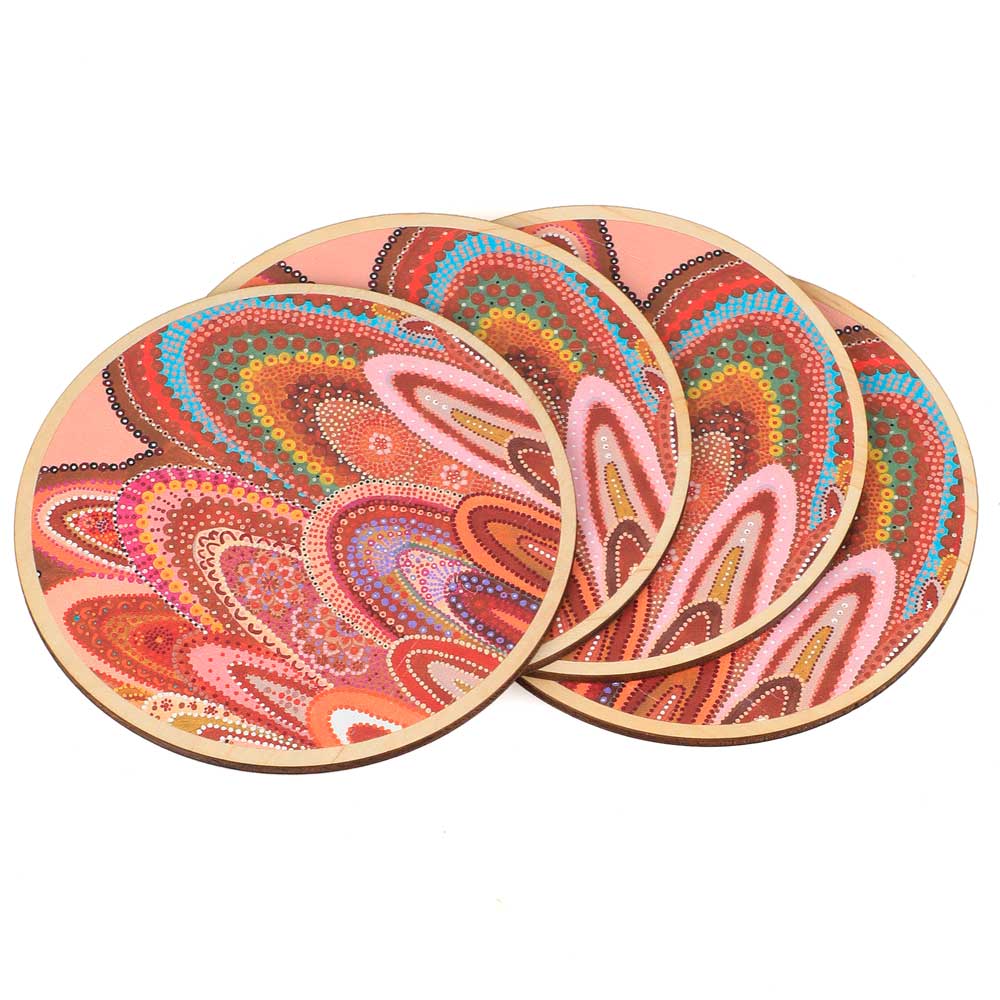 Wooden coasters with Home artwork by Jacinta-Rai ridgeway Maahs Australian Museum Shop online