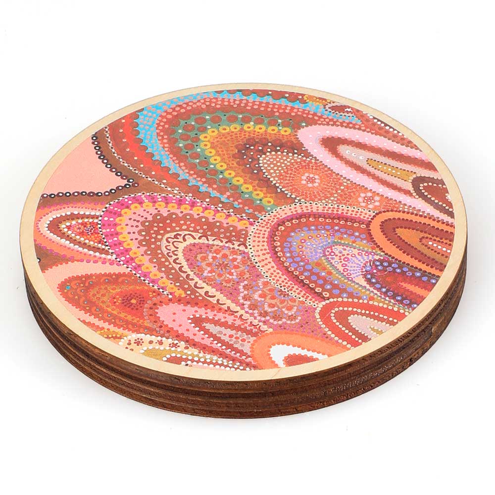 Wooden coasters with Home artwork by Jacinta-Rai ridgeway Maahs Australian Museum Shop online