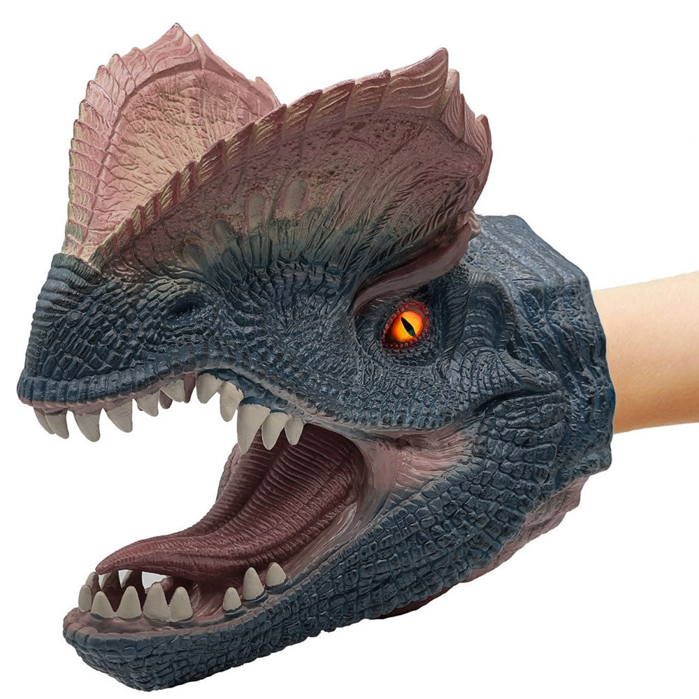 Dilophosaurus dinosaur hand puppet photographed against white background. Australian Museum shop online