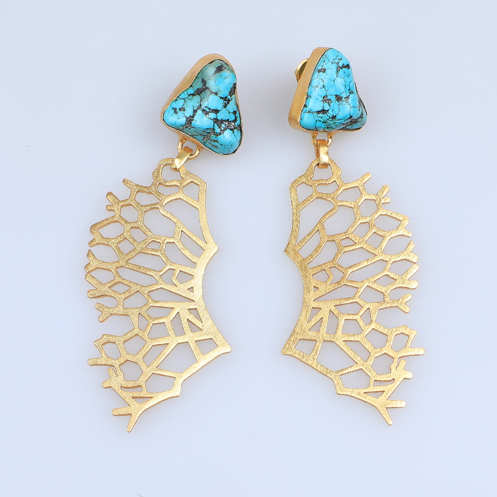 Turquoise and gold plated coral detail drop earrings on white background for the Australian Museum Shop online