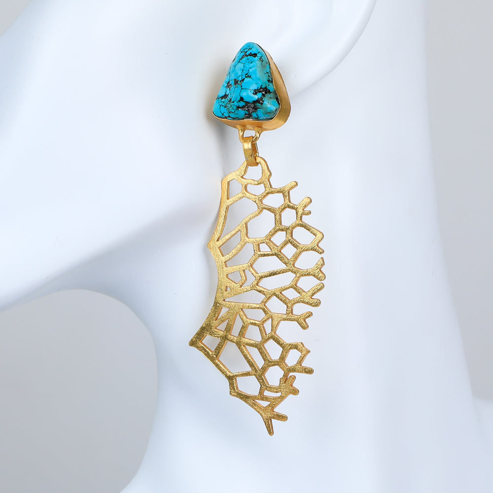 Turquoise and gold plated coral detail drop earrings on white background for the Australian Museum Shop online