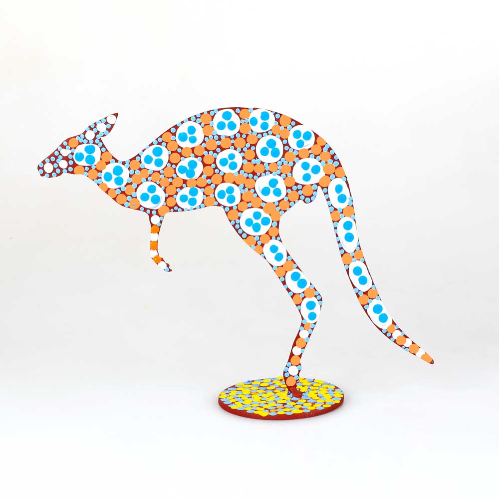 Metal leaping kangaroo hand painted by artists of the Warlukurlangu Artists group, Australian Museum shop online