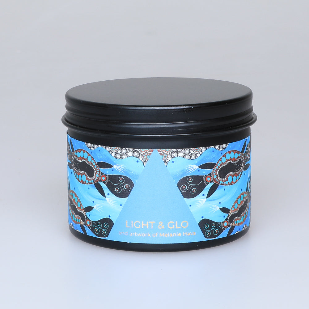 Travel tin fragrant soy wax candle with artwork by Melanie Hava Australian Museum Shop online