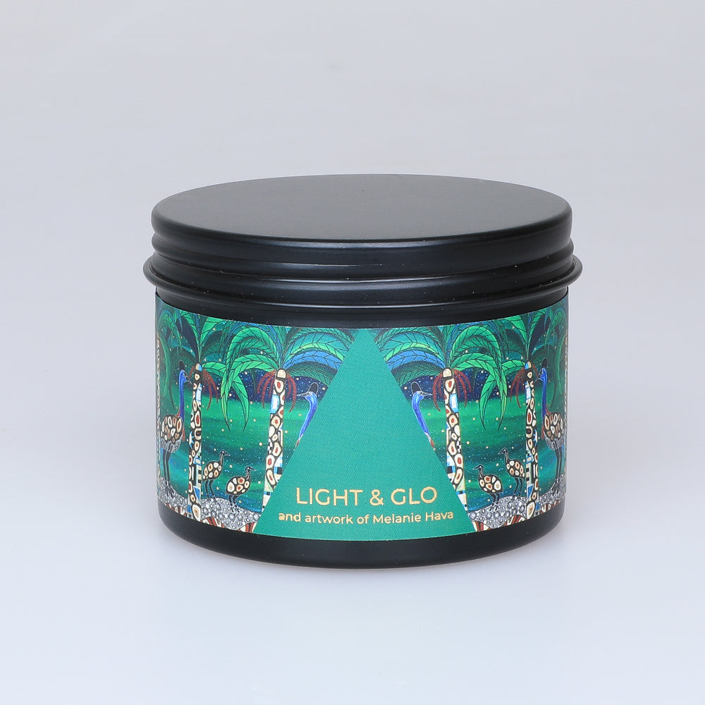 Fragrant soy wax candle in travel tin with artwork by first nations artist Melanie Hava, Australian museum shop online