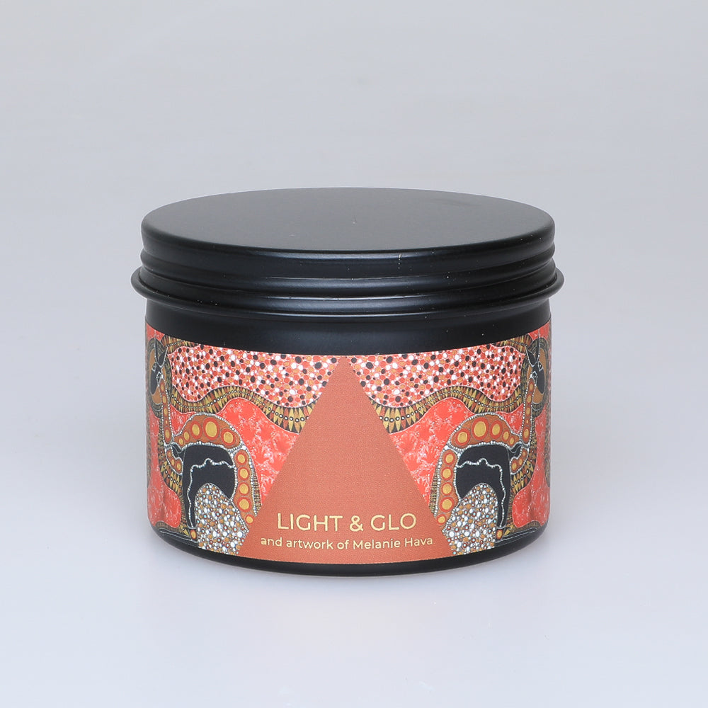 Travel tin soy candle with artwork by Melanie Hava Australian Museum shop online