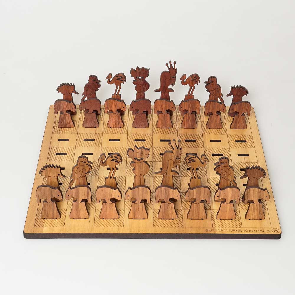 Australian animal chess set made from Australian wood photographed on white background