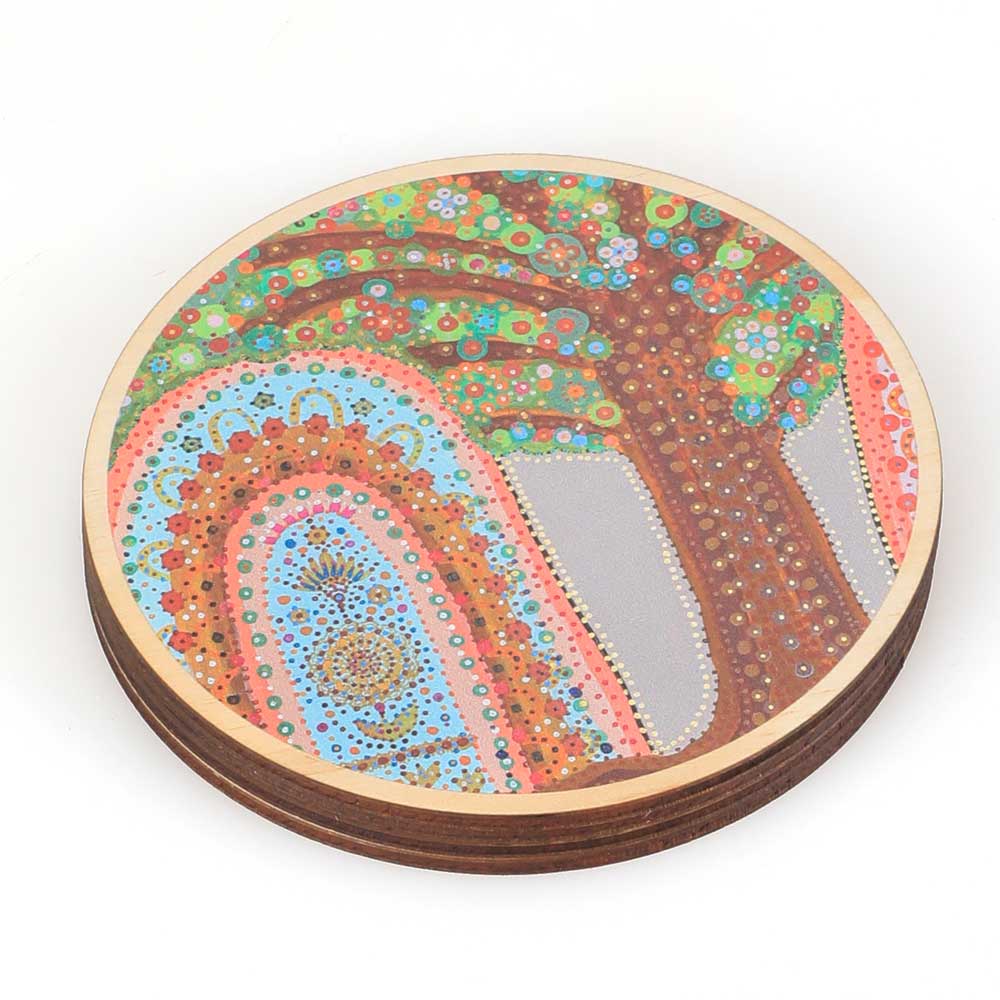 Wooden coaster set with artwork by Jacinta-Rai Ridgeway-Maahs Australian Museum Shop online