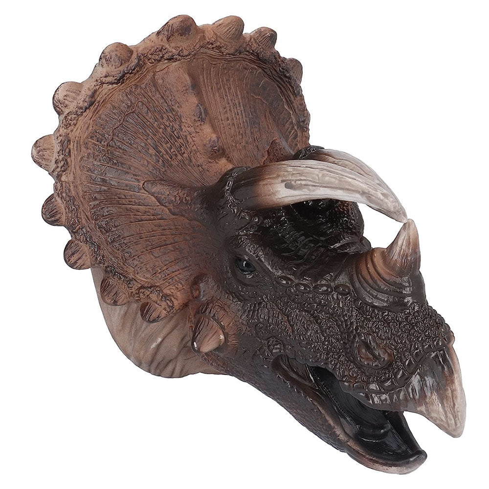 Triceratops dinosaur hand puppet photographed against white background. Australian Museum shop online