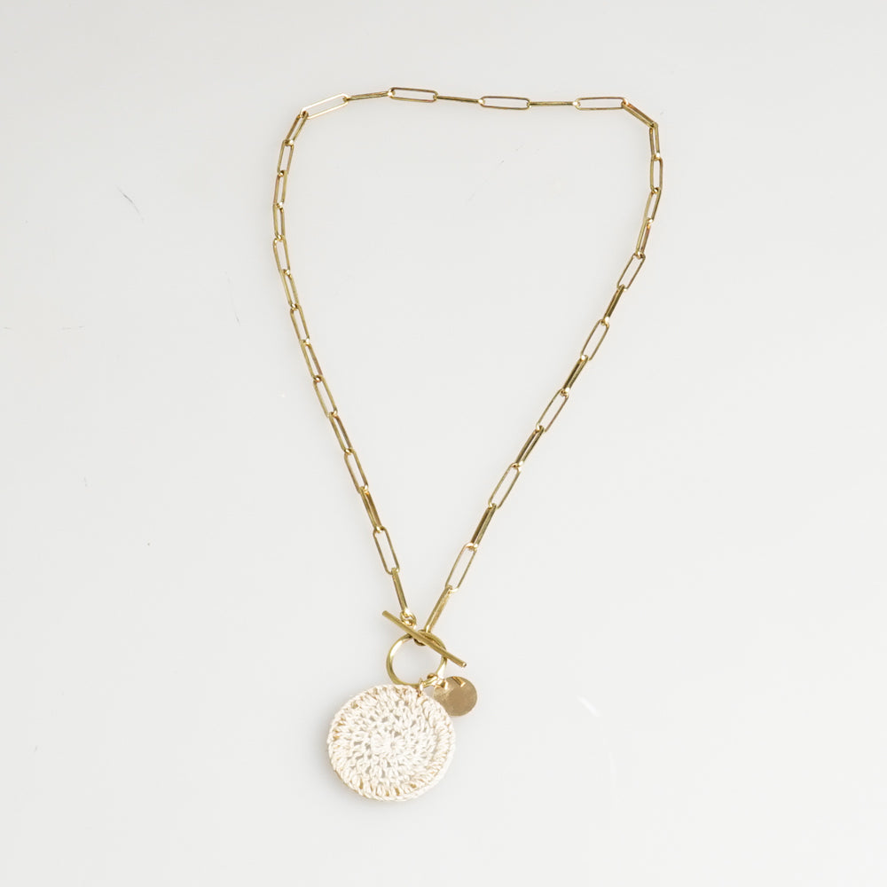 Bilum and Bilas link necklace with gold coin and hand woven disc
