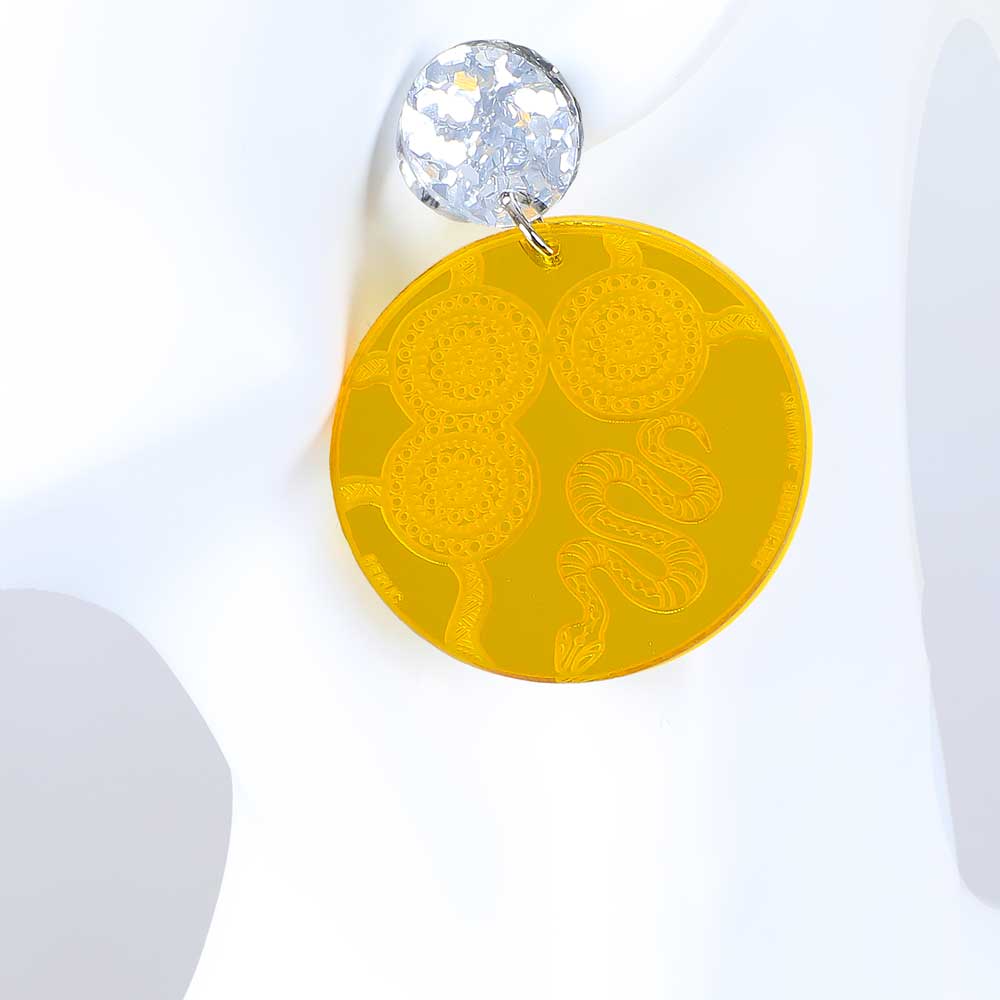 Yellow mirrored disc earrings with etched Kiya Watt design. Haus of Dizzy Australian Museum Shop Online