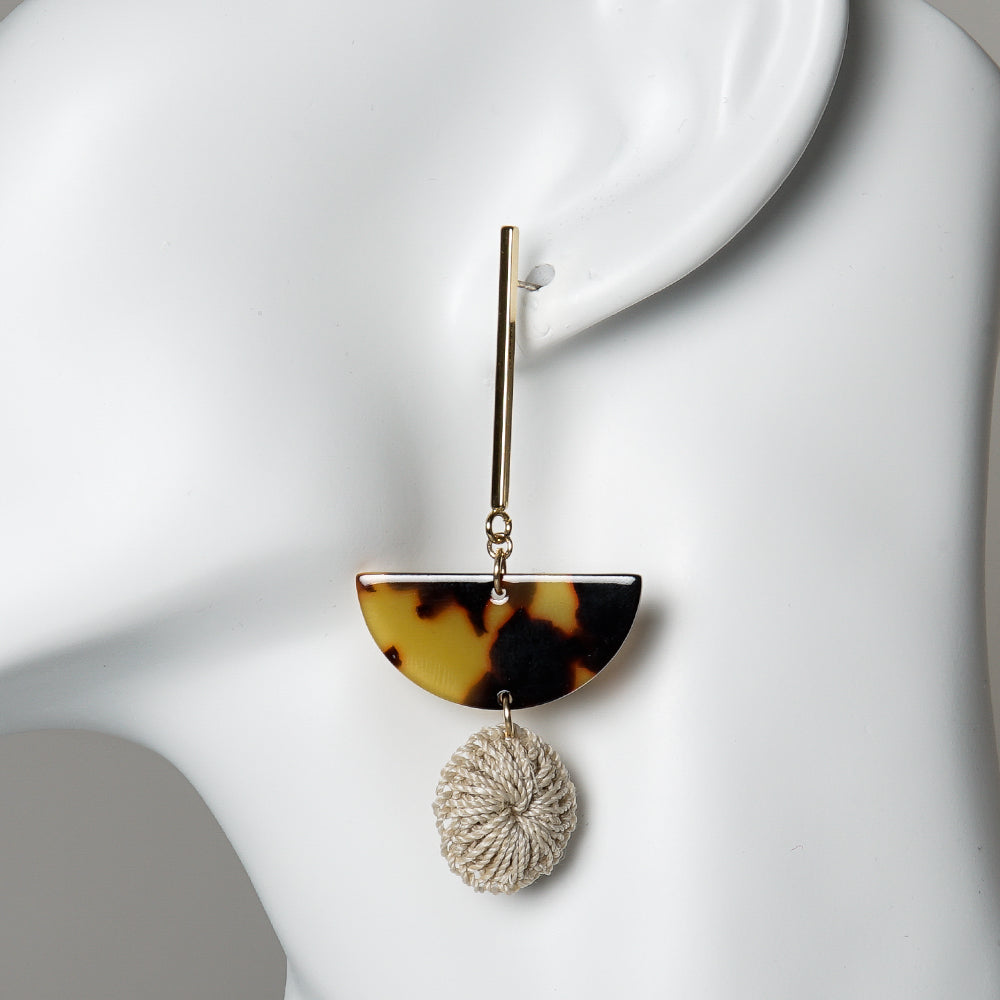 Earrings, Gold plated, raw brass bar featuring a natural bilum fibre disc and a faux turtle shell resin bead, sterling silver Ear posts