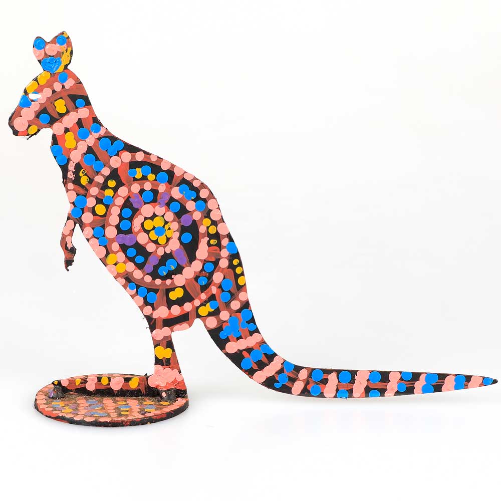 Hand painted steel seated kangaroo, Warlukurlangu artists group. Australian Museum shop online